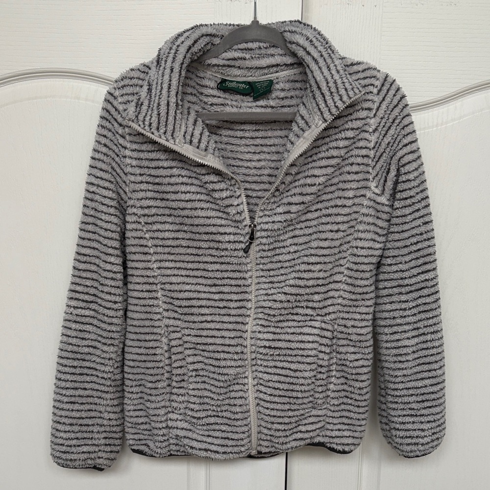 Lands' End Gray Striped Plush Zip-Front Utility Jacket